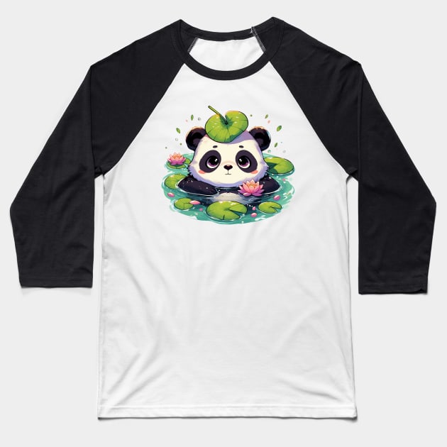 Kawaii Anime Panda Bear Bath With Water Lily Baseball T-Shirt by TomFrontierArt